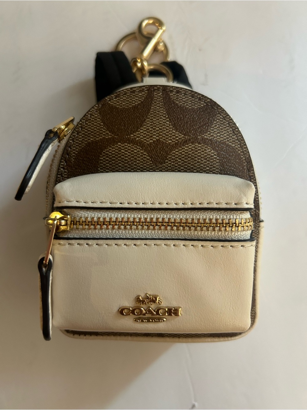 Coach Brown Signature Mini Backpack Keychain with Cream Trim